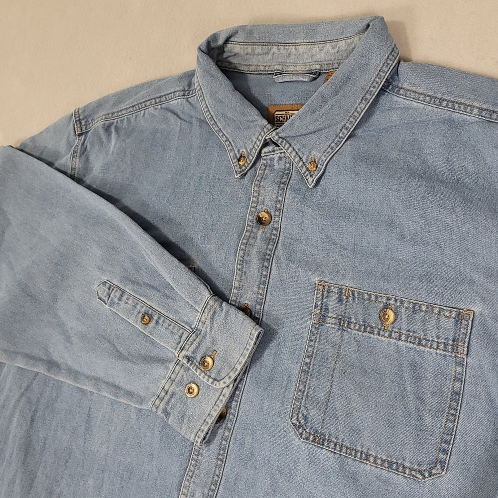 C.E. Schmidt Denim Shirt Mens 2XL Light Blue Button Down Relaxed Cotton Blend